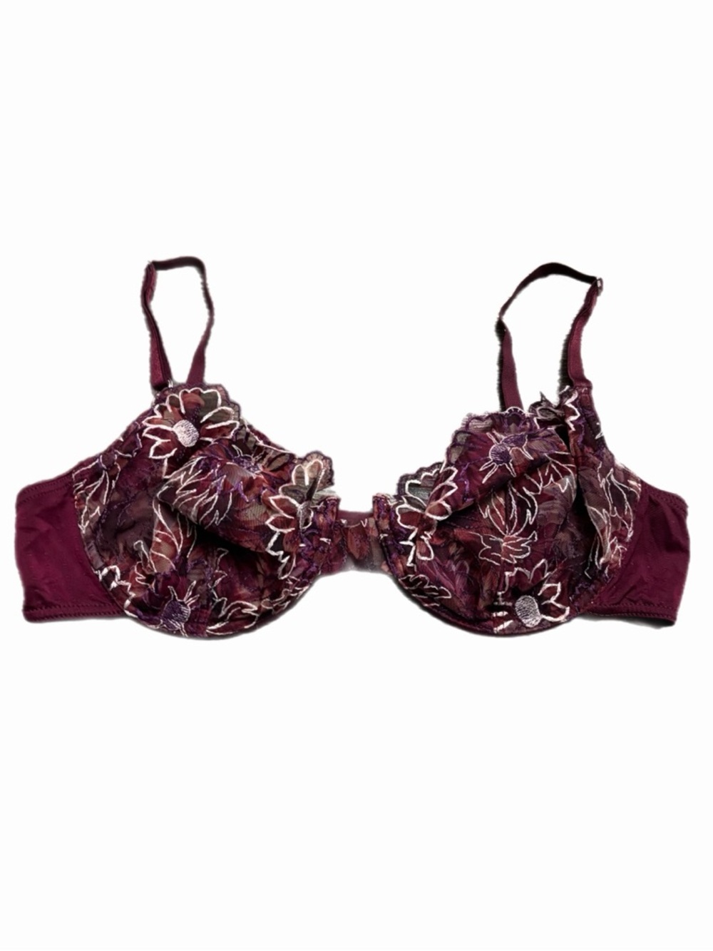 70s/80s European Vintage Floral Embroidered Lace Unlined Bra (Burgundy) Size 34B